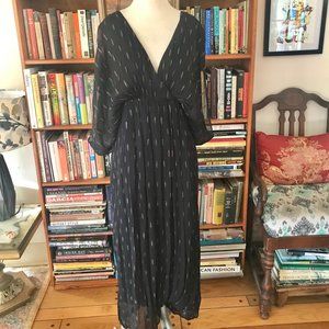 Maison Hotel Black Chiffon and Lurex Midi Dress with Deep V and Tie Back